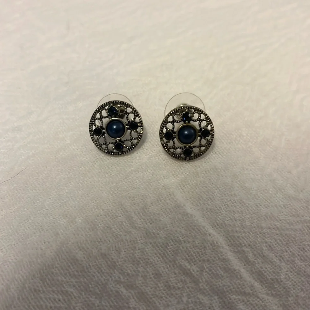 Blue earrings, costume jewelry, tarnished.